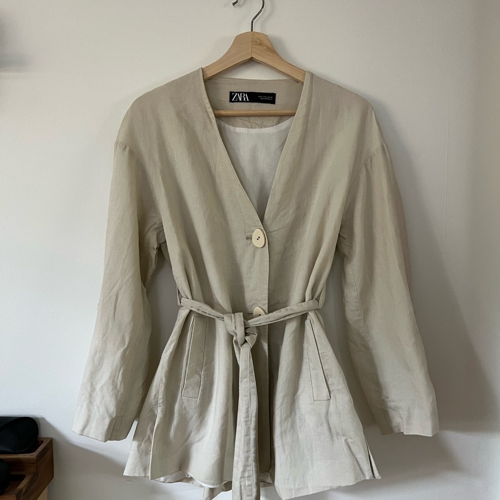 Zara Cream Belted Linen Jacket/Blazer